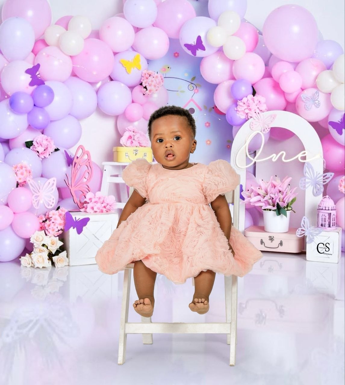 Baby girl at a pink and purple butterfly birthday set
